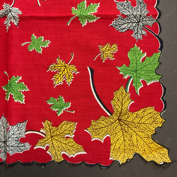 Vintage Fall Hankie Colorful Leaves on Red Autumn Handkerchief
