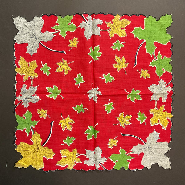 Vintage Fall Hankie Colorful Leaves on Red Autumn Handkerchief
