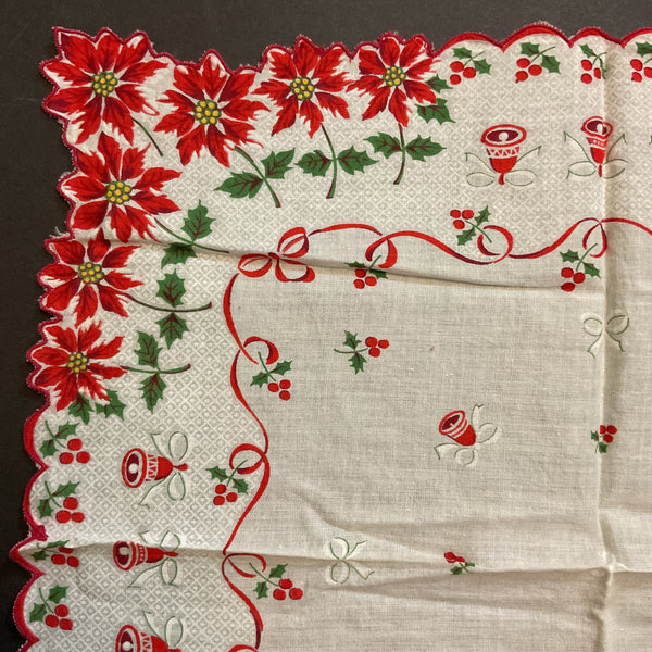 Vintage Christmas Hankie Red Ribbon Poinsettia Border Bells Ladies Handkerchief