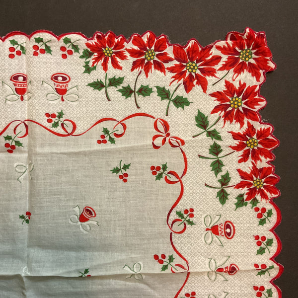 Vintage Christmas Hankie Red Ribbon Poinsettia Border Bells Ladies Handkerchief