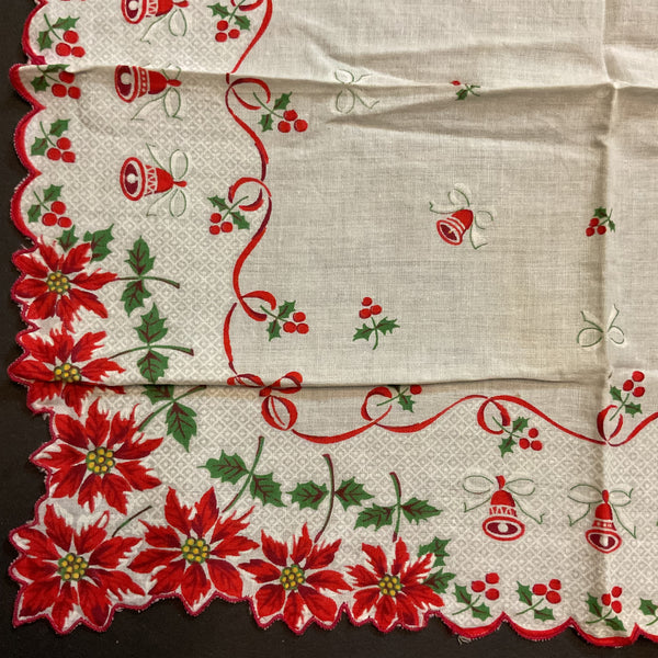 Vintage Christmas Hankie Red Ribbon Poinsettia Border Bells Ladies Handkerchief