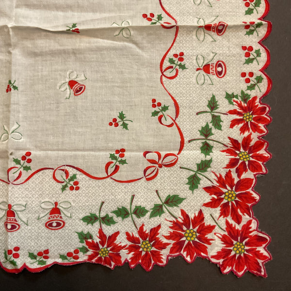 Vintage Christmas Hankie Red Ribbon Poinsettia Border Bells Ladies Handkerchief