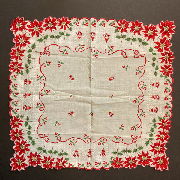 Vintage Christmas Hankie Red Ribbon Poinsettia Border Bells Ladies Handkerchief