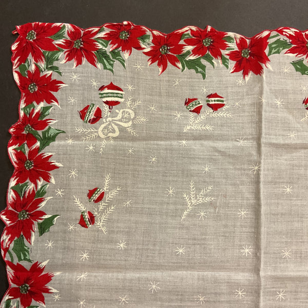 Vintage Christmas Ornaments Hankie Red Poinsettia Border Ladies Handkerchief