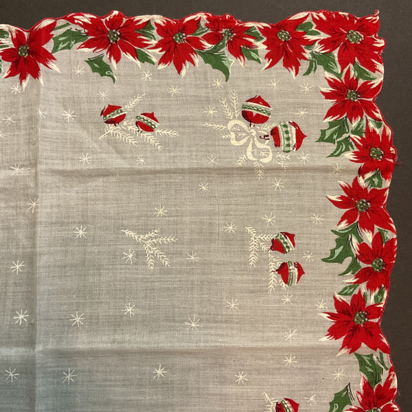 Vintage Christmas Ornaments Hankie Red Poinsettia Border Ladies Handkerchief
