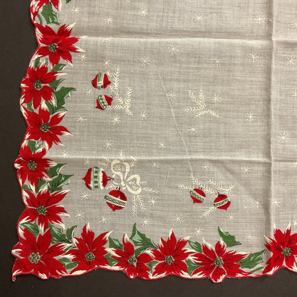 Vintage Christmas Ornaments Hankie Red Poinsettia Border Ladies Handkerchief