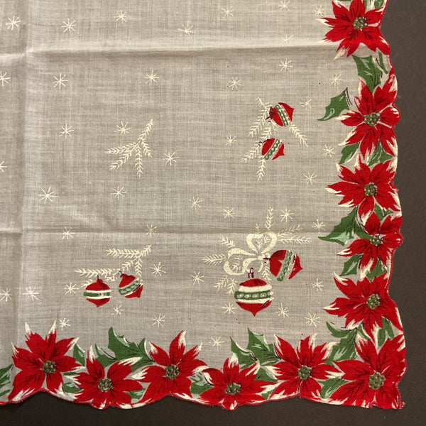 Vintage Christmas Ornaments Hankie Red Poinsettia Border Ladies Handkerchief