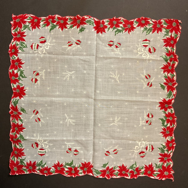 Vintage Christmas Ornaments Hankie Red Poinsettia Border Ladies Handkerchief