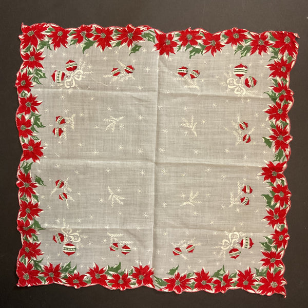 Vintage Christmas Ornaments Hankie Red Poinsettia Border Ladies Handkerchief