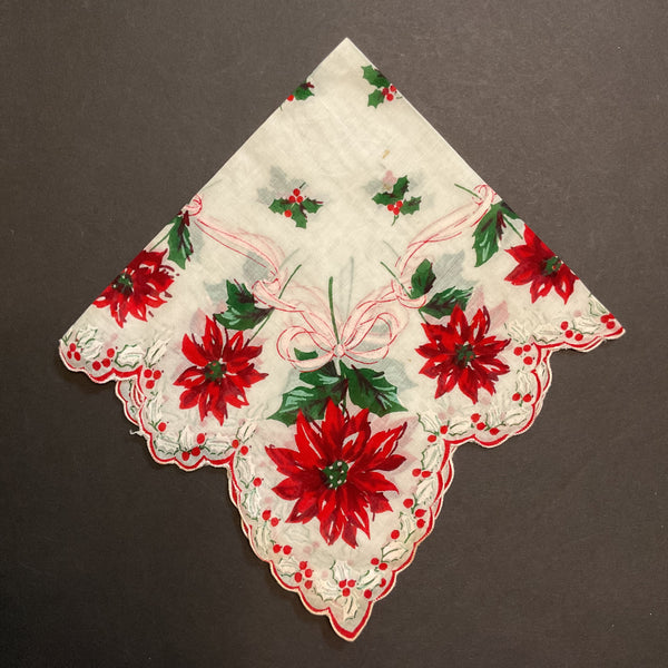 Vintage Christmas Handkerchief Holly Border Red Poinsettias Pink Ribbon Ladies Hankie