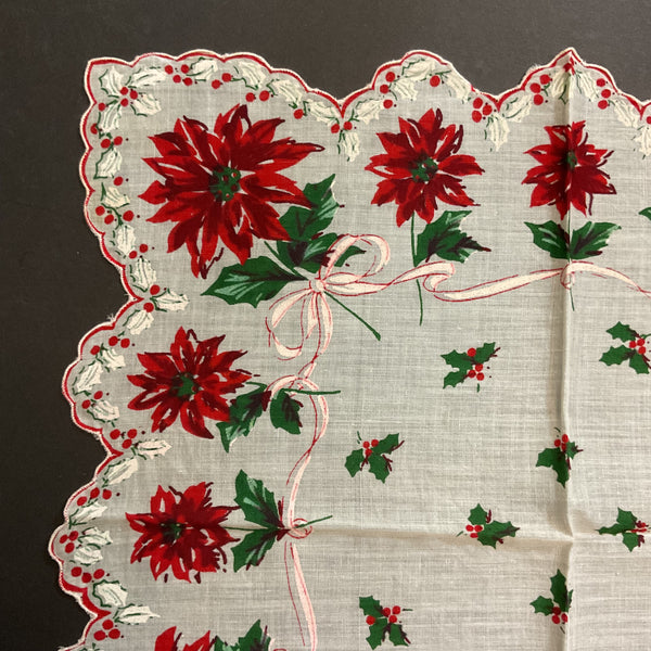 Vintage Christmas Handkerchief Holly Border Red Poinsettias Pink Ribbon Ladies Hankie