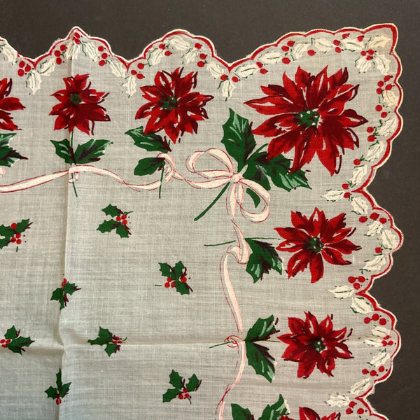 Vintage Christmas Handkerchief Holly Border Red Poinsettias Pink Ribbon Ladies Hankie