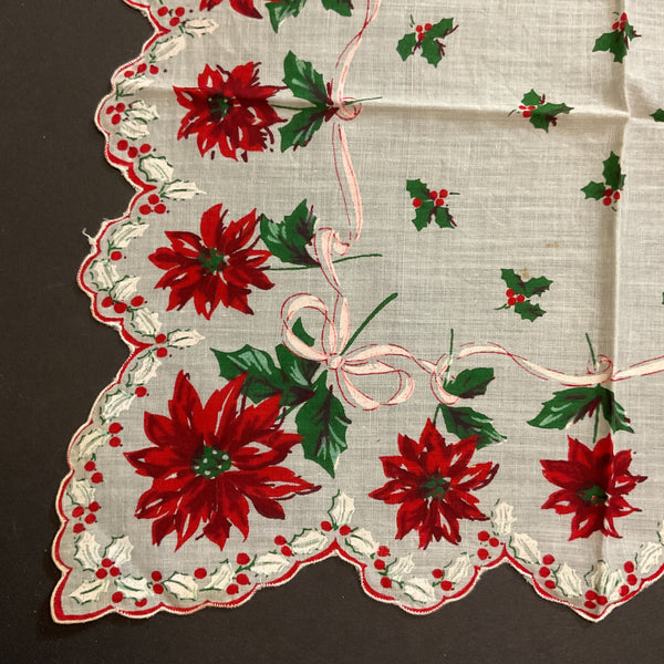 Vintage Christmas Handkerchief Holly Border Red Poinsettias Pink Ribbon Ladies Hankie