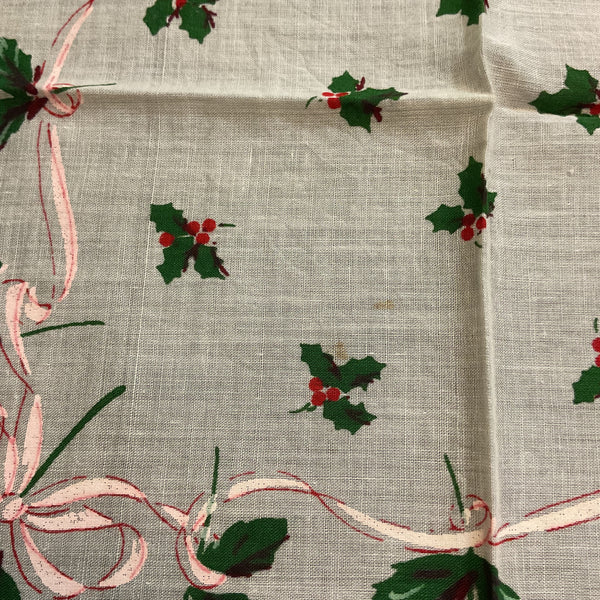 Vintage Christmas Handkerchief Holly Border Red Poinsettias Pink Ribbon Ladies Hankie