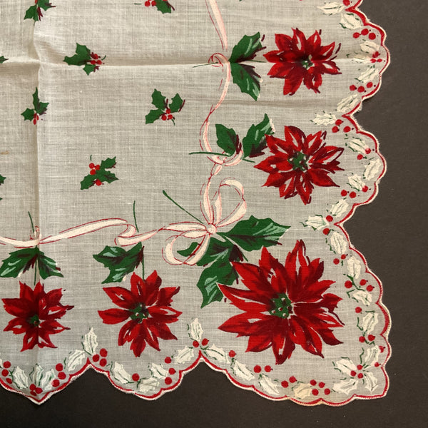 Vintage Christmas Handkerchief Holly Border Red Poinsettias Pink Ribbon Ladies Hankie