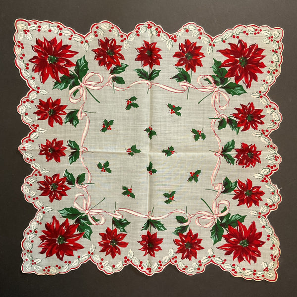 Vintage Christmas Handkerchief Holly Border Red Poinsettias Pink Ribbon Ladies Hankie