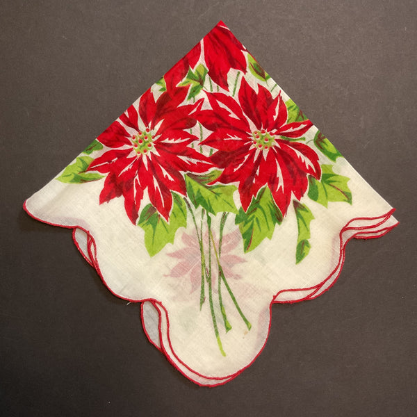 Vintage Christmas Handkerchief Red Poinsettias Scallop Edge Ladies Hankie