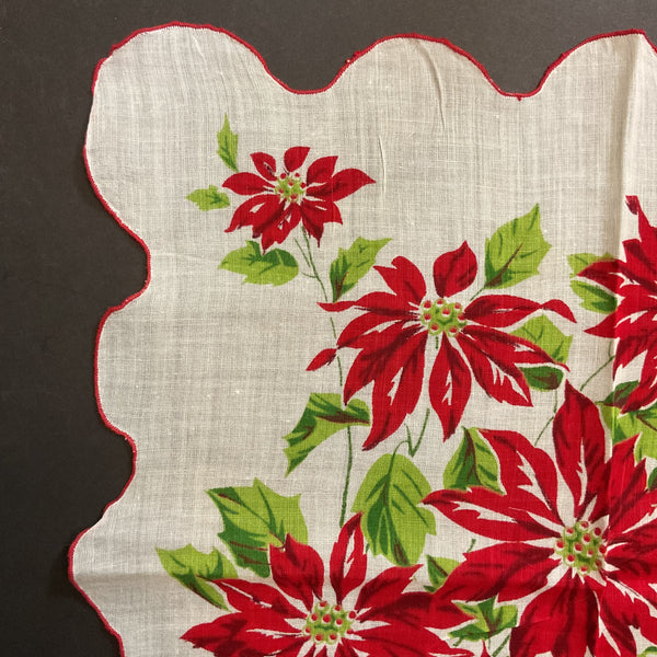 Vintage Christmas Handkerchief Red Poinsettias Scallop Edge Ladies Hankie