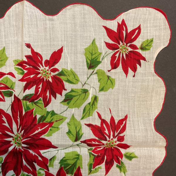 Vintage Christmas Handkerchief Red Poinsettias Scallop Edge Ladies Hankie