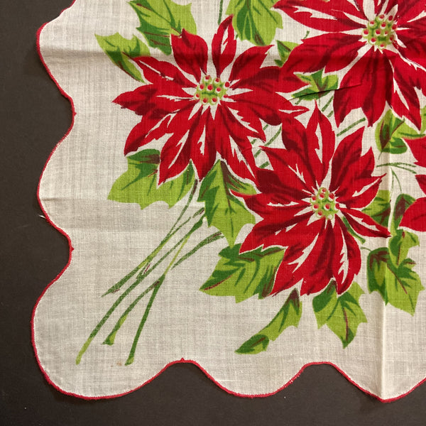 Vintage Christmas Handkerchief Red Poinsettias Scallop Edge Ladies Hankie