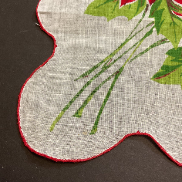 Vintage Christmas Handkerchief Red Poinsettias Scallop Edge Ladies Hankie