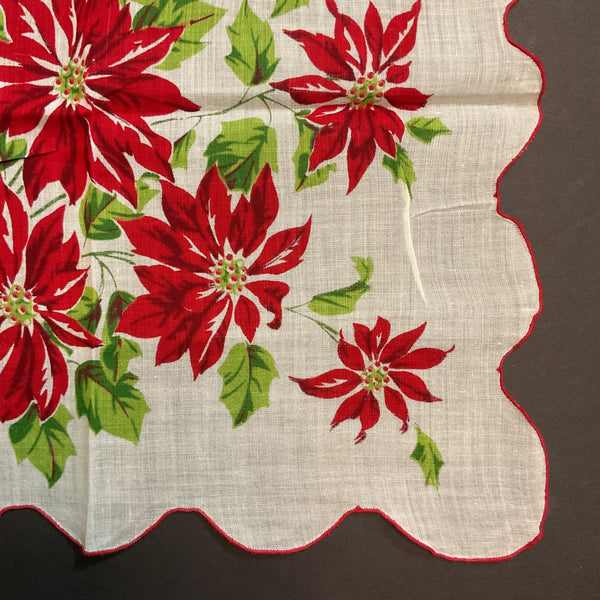 Vintage Christmas Handkerchief Red Poinsettias Scallop Edge Ladies Hankie