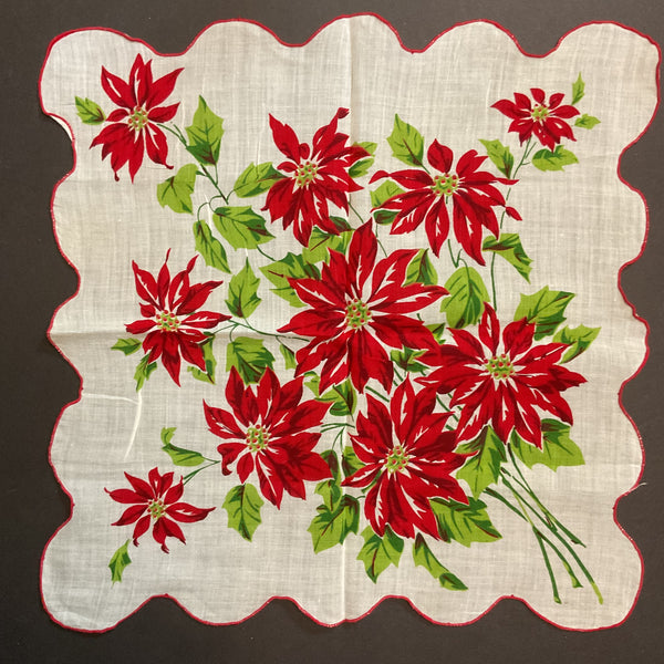 Vintage Christmas Handkerchief Red Poinsettias Scallop Edge Ladies Hankie