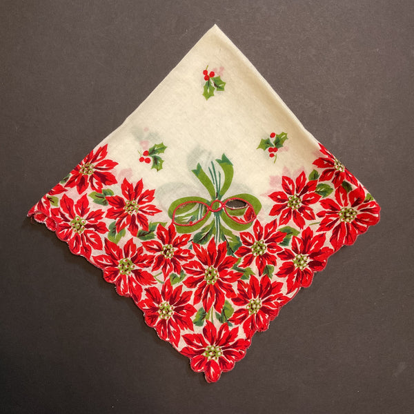 Vintage Cutwork Christmas Handkerchief Red Poinsettias Scallop Edge Green Bows