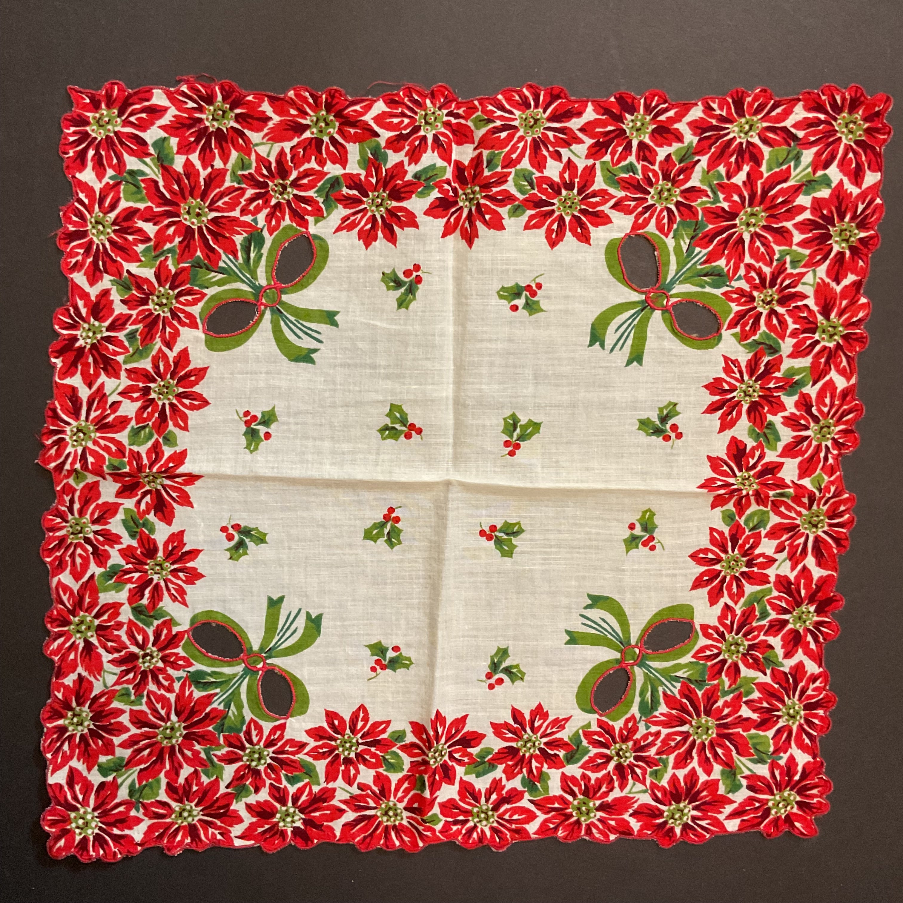 Vintage Cutwork Christmas Handkerchief Red Poinsettias Scallop Edge Green Bows