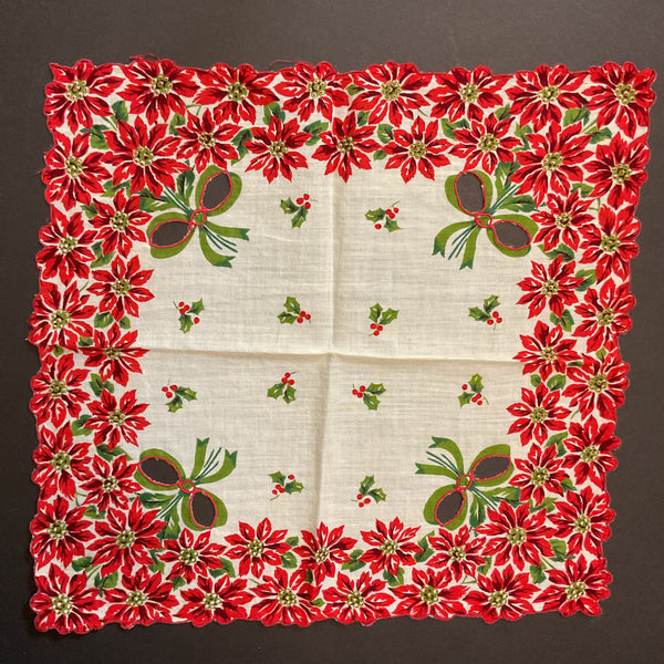 Vintage Cutwork Christmas Handkerchief Red Poinsettias Scallop Edge Green Bows