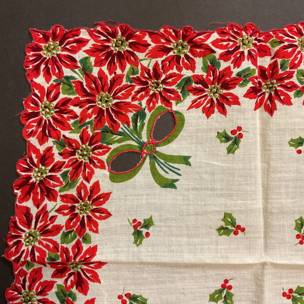 Vintage Cutwork Christmas Handkerchief Red Poinsettias Scallop Edge Green Bows