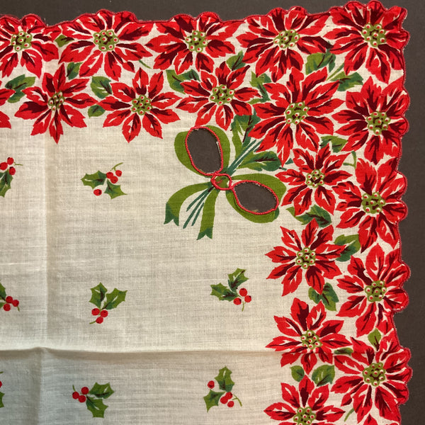 Vintage Cutwork Christmas Handkerchief Red Poinsettias Scallop Edge Green Bows