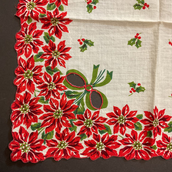 Vintage Cutwork Christmas Handkerchief Red Poinsettias Scallop Edge Green Bows