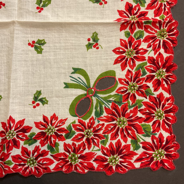 Vintage Cutwork Christmas Handkerchief Red Poinsettias Scallop Edge Green Bows