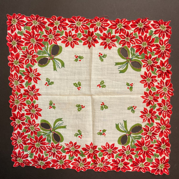 Vintage Cutwork Christmas Handkerchief Red Poinsettias Scallop Edge Green Bows