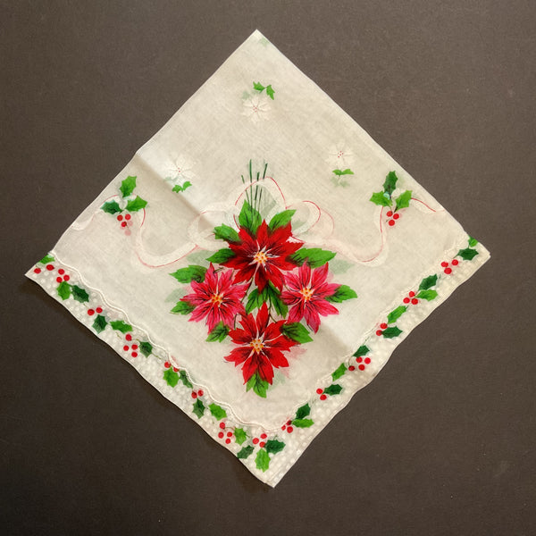 Vintage Christmas Handkerchief Red and Pink Poinsettias Holly Border Hankie