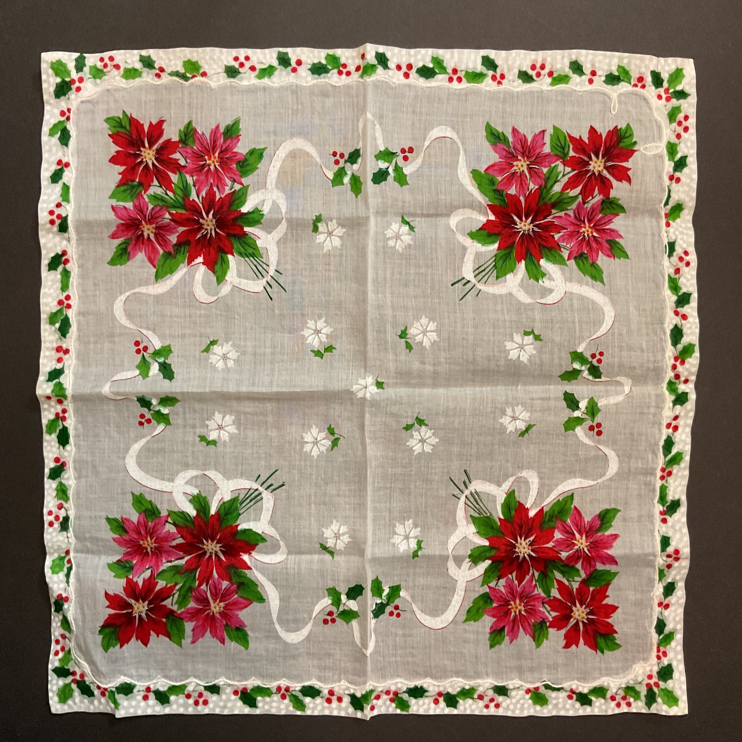 Vintage Christmas Handkerchief Red and Pink Poinsettias Holly Border Hankie