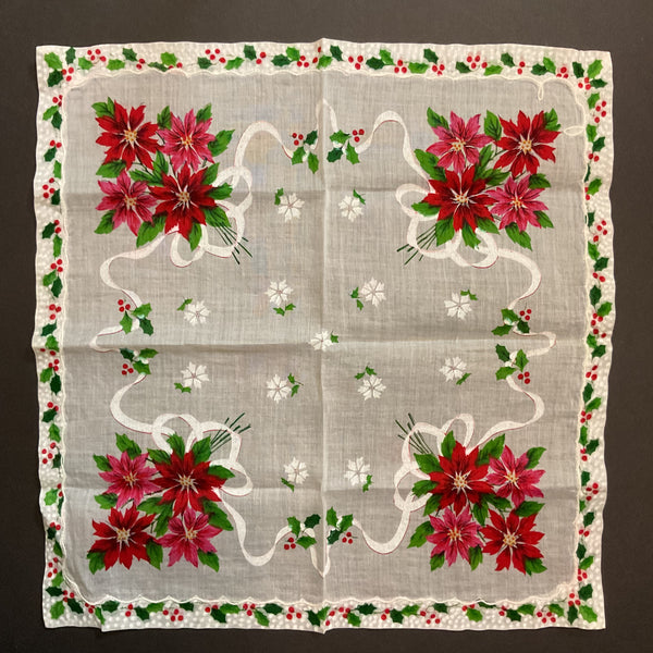 Vintage Christmas Handkerchief Red and Pink Poinsettias Holly Border Hankie