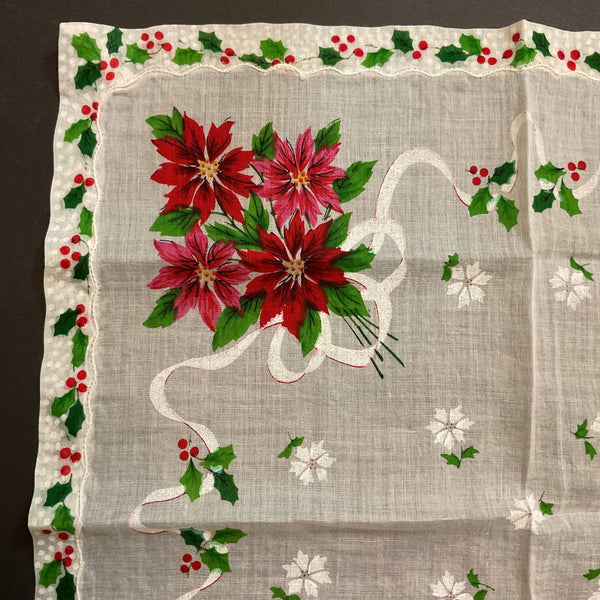 Vintage Christmas Handkerchief Red and Pink Poinsettias Holly Border Hankie