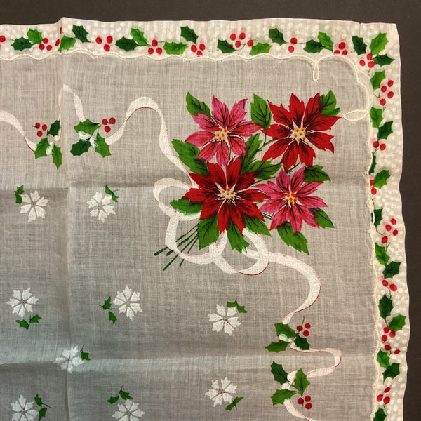 Vintage Christmas Handkerchief Red and Pink Poinsettias Holly Border Hankie