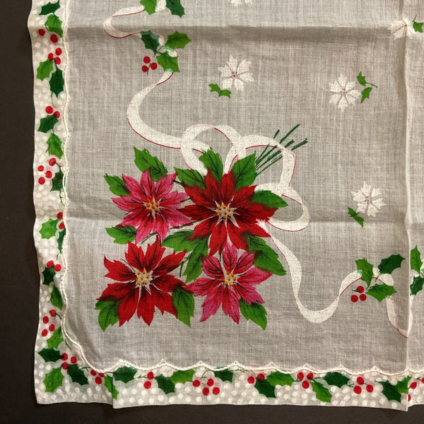 Vintage Christmas Handkerchief Red and Pink Poinsettias Holly Border Hankie