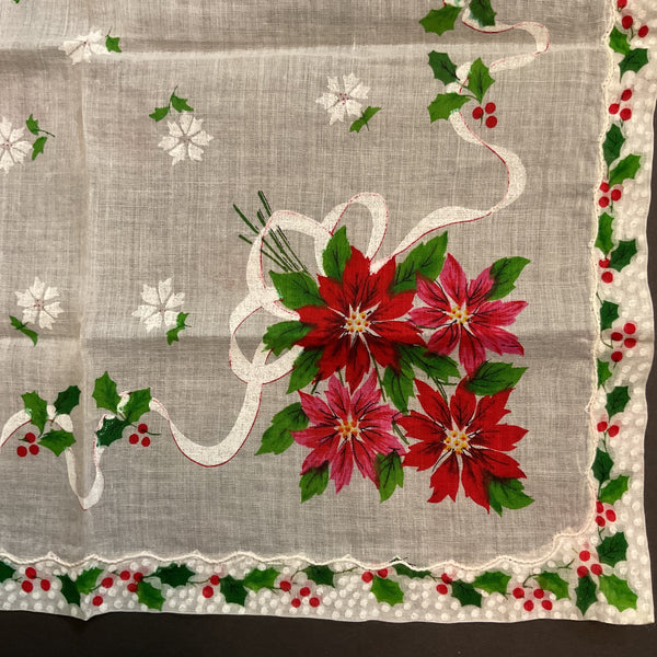 Vintage Christmas Handkerchief Red and Pink Poinsettias Holly Border Hankie
