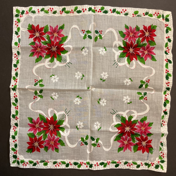 Vintage Christmas Handkerchief Red and Pink Poinsettias Holly Border Hankie