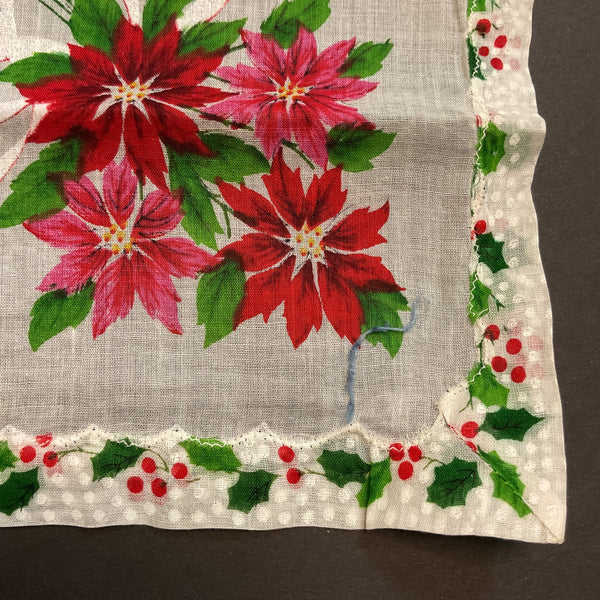 Vintage Christmas Handkerchief Red and Pink Poinsettias Holly Border Hankie