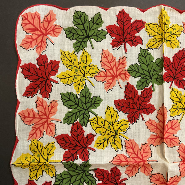 Vintage Hankie Colorful Fall Leaves on White Autumn Handkerchief