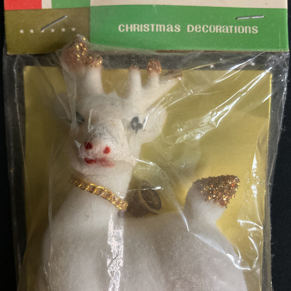 Vintage Flocked White Reindeer Gold Glitter Antlers and Tail NOS