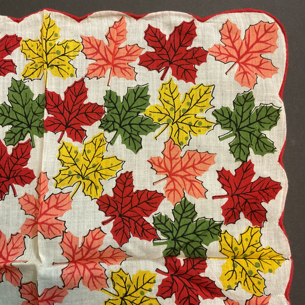 Vintage Hankie Colorful Fall Leaves on White Autumn Handkerchief