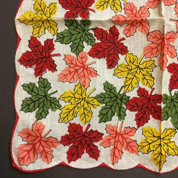Vintage Hankie Colorful Fall Leaves on White Autumn Handkerchief