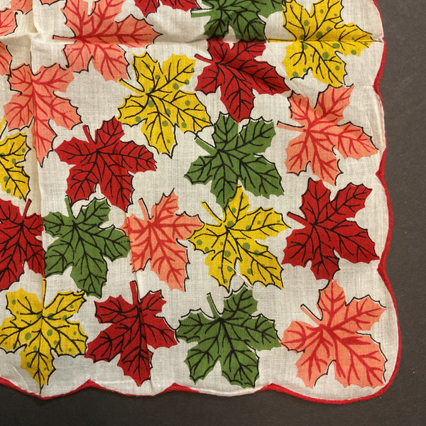 Vintage Hankie Colorful Fall Leaves on White Autumn Handkerchief