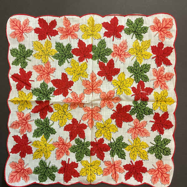 Vintage Hankie Colorful Fall Leaves on White Autumn Handkerchief